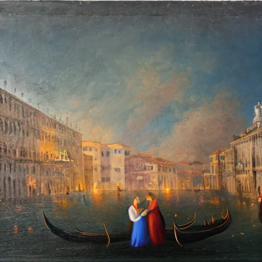 Image similar to an oil painting of couple kissing, in a background fireworks in venice