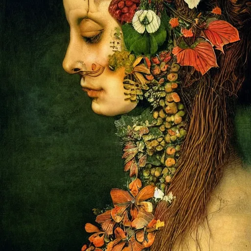 Image similar to a beautiful profile portrait of a beautiful female, leaves, by giuseppe arcimboldo,, psychedelic, surreal, dreamlike, environmental friendly, nature.