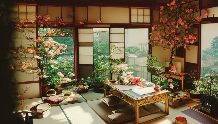 Image similar to 1 9 9 0 s candid 3 5 mm photo of a beautiful day in the a dreamy japanese flowery cottage designed by gucci, cinematic lighting, cinematic look, golden hour, a desk for flower arrangements and journaling has sun shinning on it through a window, temple in the distance, photographed by petra collins, uhd