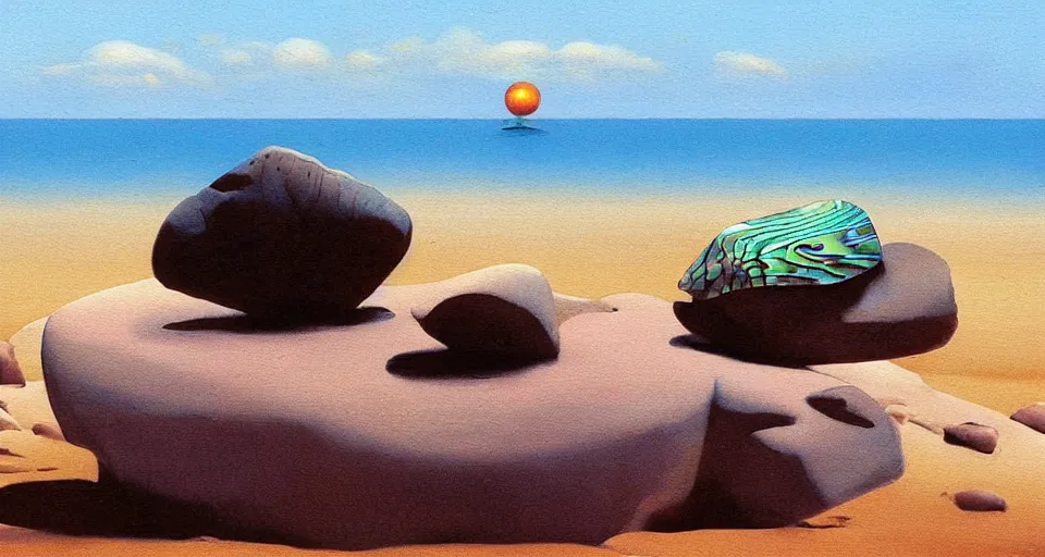 Image similar to oil painting of a tiny abalone seashell house on top of a rock, by roger dean, syd mead, cell shaded graphics, concept art, minimalist