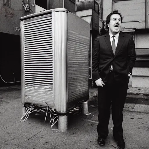 Image similar to spaghetti face man in a suit standing in front of the thrash can in san - francisco, photo 4 k, direct flash, bottom up, high resolution, film photography,