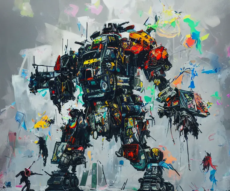 Image similar to acrylic and spraypaint concept art of a giant mechwarriors battling in space, explosions, graffiti wildstyle, large brush strokes, painting, paint drips, acrylic, clear shapes, spraypaint, smeared flowers, origami crane drawings, large triangular shapes, painting by ashley wood, totem 2, jeremy mann, masterpiece