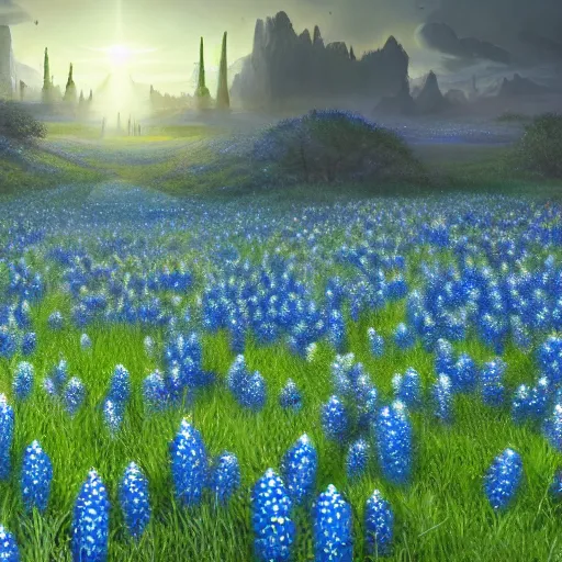 Prompt: a beautiful and detailed picture of gateway to hades surrounded by a field of bluebonnets, in the style of magic the gathering, highly detailed, digital painting, god rays, volumetric lighting, octane render, 4 k resolution, art by adam paquette and johann bodin and jason rainville