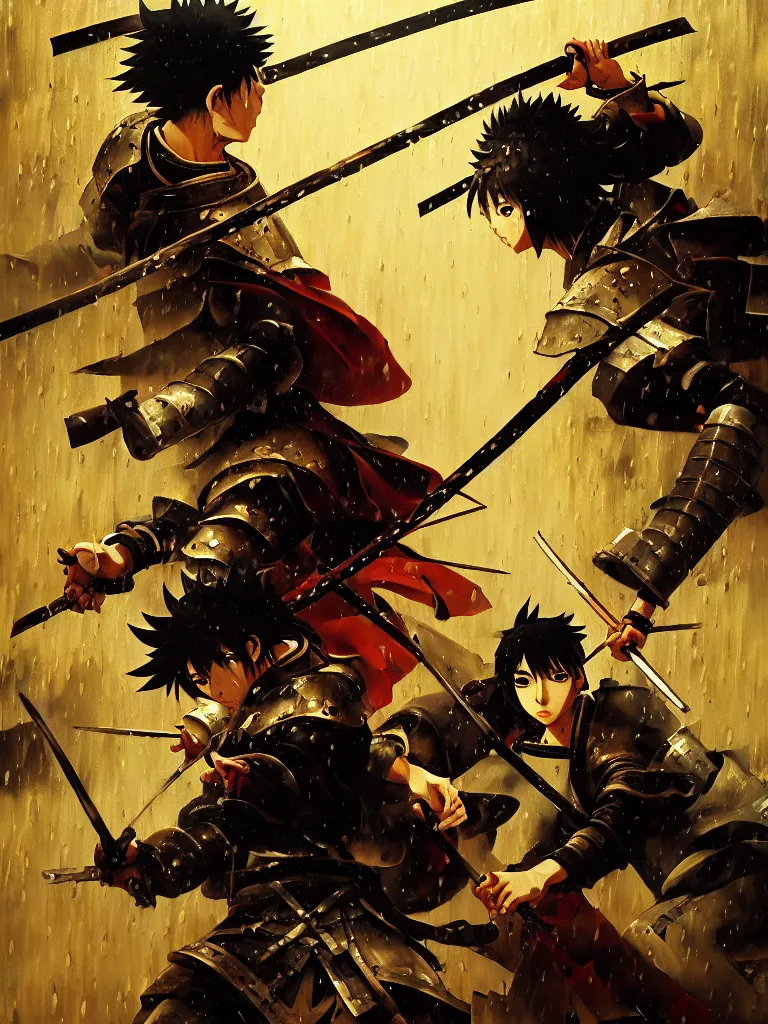 Prompt: baroque oil painting of key visual samurai duel, samurai armor, rain, brutalist fantasy, rule of thirds golden ratio, fake detail, trending pixiv fanbox, acrylic palette knife, style of makoto shinkai takashi takeuchi yoshiyuki sadamoto