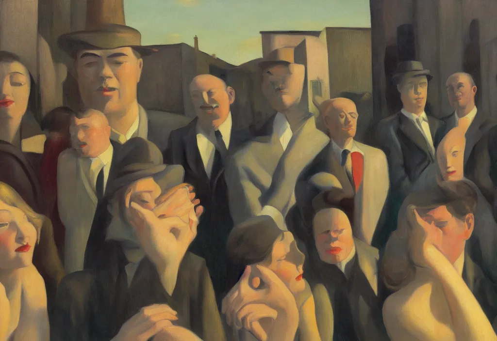 Image similar to group of people pictured in afternoon light, close - up of the faces, surrealist oil painting by edward hopper, dora maar and rene magritte