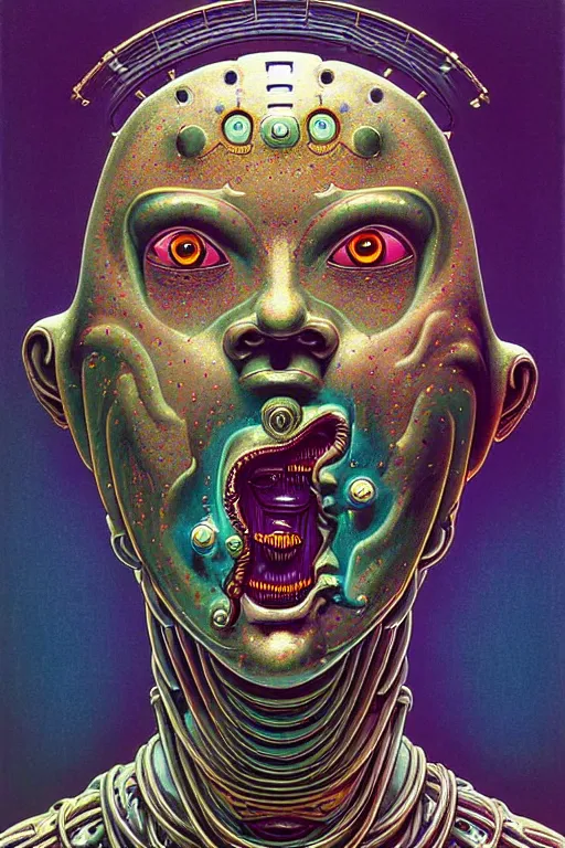 Prompt: joyous hybrid human and robot face, reaching nirvana, goofy, silly, dmt, large metal mustache, muted colors, benevolent, nebula background, glowing eyes, detailed realistic surreal retro robot in full regal attire. face portrait. art nouveau, visionary, baroque, giant fractal details. vertical symmetry by zdzisław beksinski, highly detailed, realistic