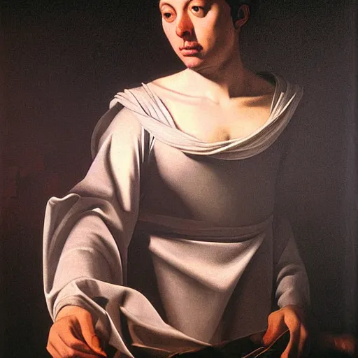Prompt: painting portrait of bright light beams emanating from the eyes of a person, matte painting, masterpiece, by Caravaggio
