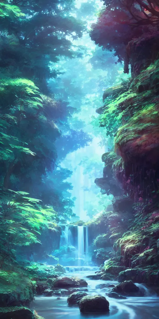 Prompt: natural water stream clear aqua water, lush trees, plants, rocks, boulders, stones, plants, digital art, illustration, vibrant color, wenjun lin, studio ghibli, makoto shinkai, pixiv, refractions, film grain