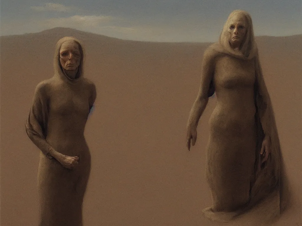 Prompt: Portrait of an alien woman living in aurora deserted dried riverbed. Painting by Odd Nerdrum
