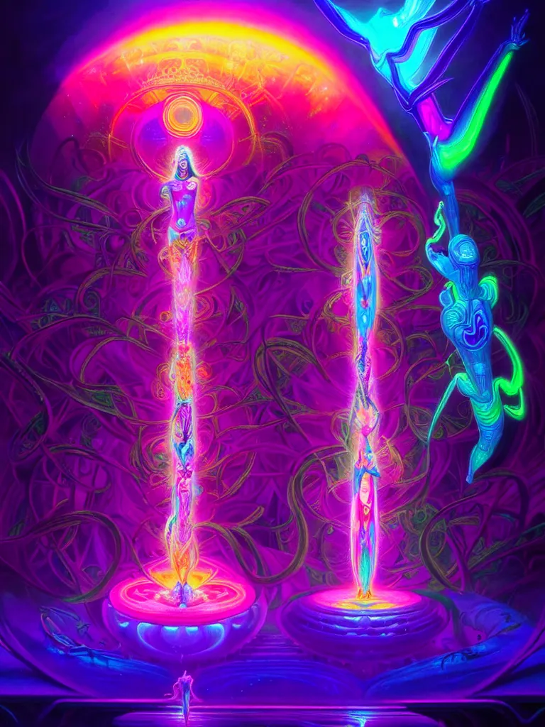 Image similar to epic scale cinematic full view chromaticity dmt being alex grey character concept of a beautiful colorful crystals powder liquids, glowing fluorescent velvet neon blacklight hues and saturation, sacred dmt color deity visionary fantasy art by greg rutkowski android jones artgerm alphonse max chroma rule of thirds golden ratio sacred geometry ai generated art