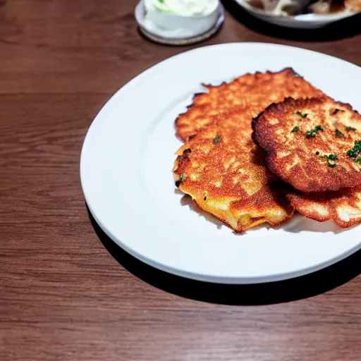 Prompt: A professional photo of a plate with potato pancakes and sour cream in a very expensive restaurant