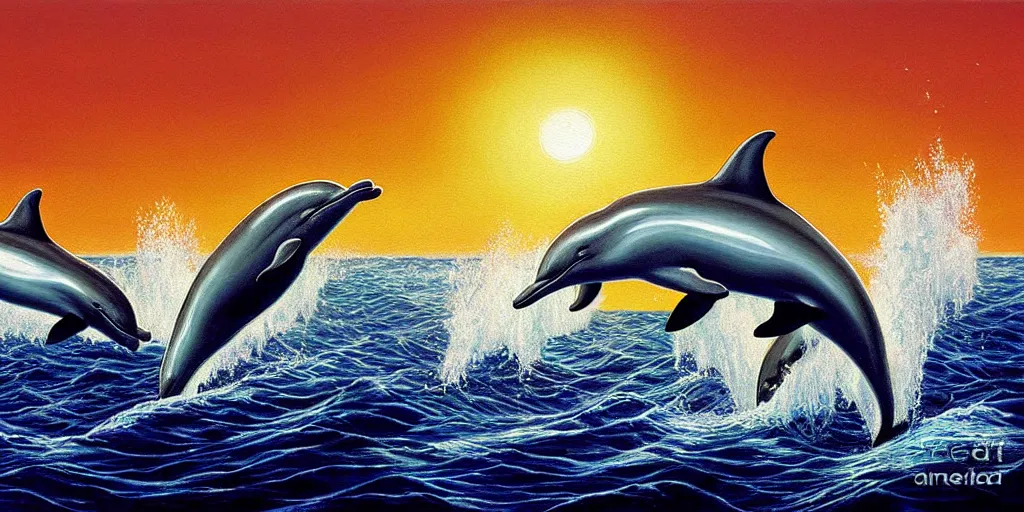 Prompt: a pod of dolphins emerging from the ocean surrounded by love and energy, golden hour, detailed painting by painting by gottfried helnwein