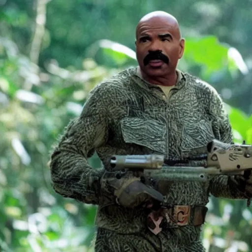 Prompt: a screen still of steve harvey in the movie predator