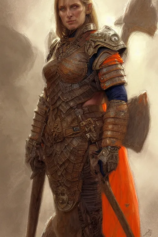 Image similar to full - body portrait of a ranger, female, white and orange breastplate, magical, high fantasy, d & d, by donato giancola, craig mullins, jeremy mann, face details, extremely detailed, digital illustration