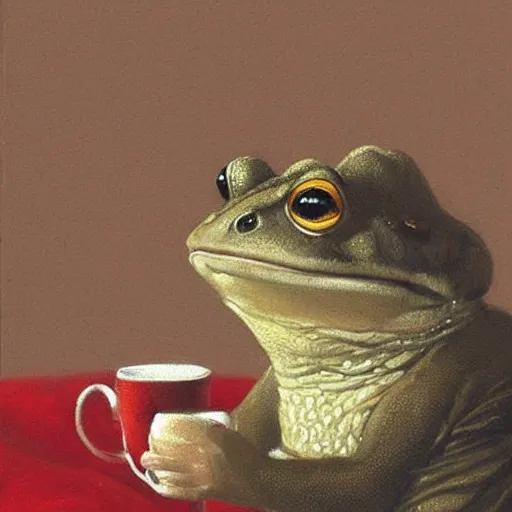 Prompt: a cute illustration of mrs Toad sitting and drinking tea. Lovely painting of a toad in a red sweater, by James Gurney