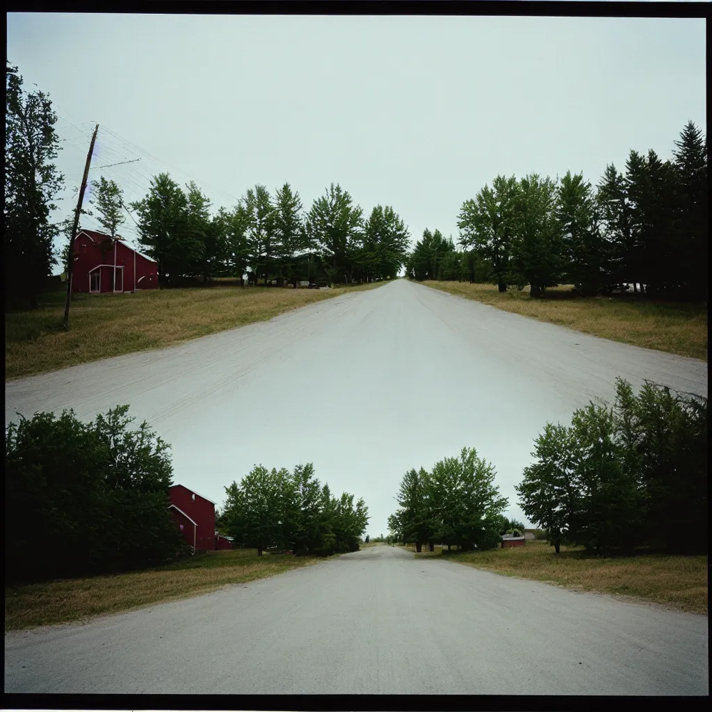 Image similar to A disposable camera picture of an empty street in a small Canadian farm town , Kodak Fling 200, 1983