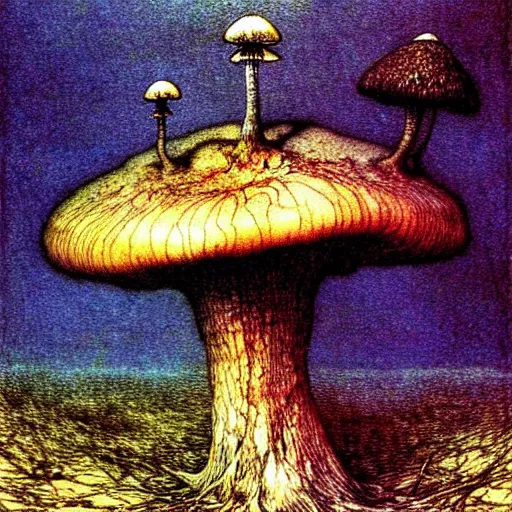 Image similar to strange mushroom by beksinski, luis royo and arthur rackham