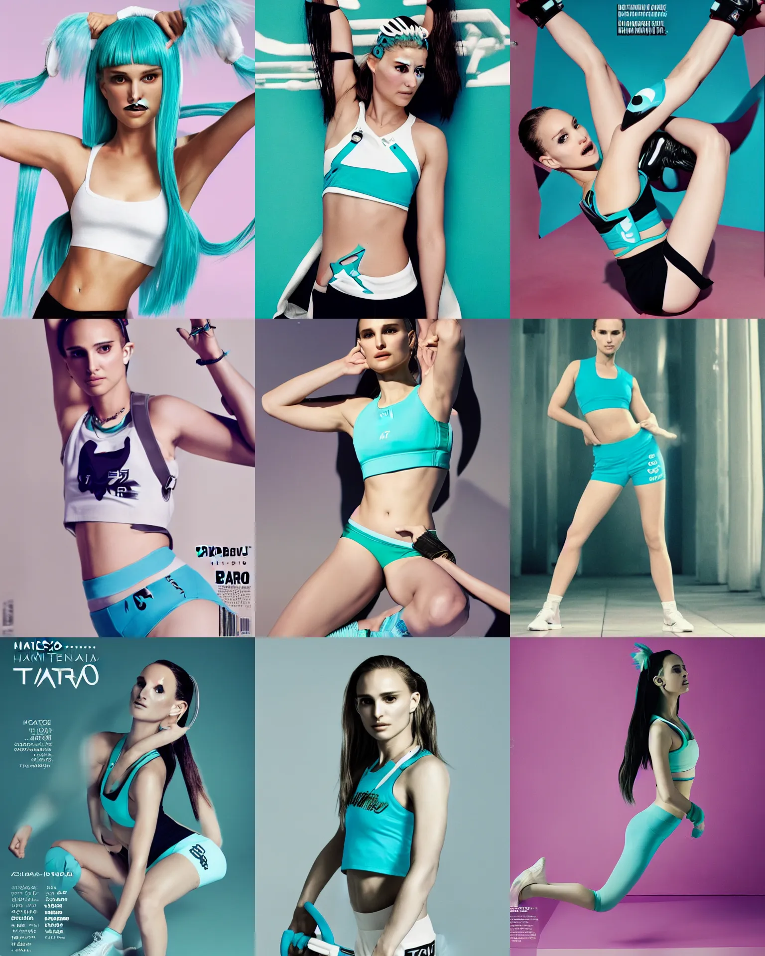 Prompt: Natalie Portman as hatsune miku wearing crop gym top with white lettering, crop yoga short, Advertising photography by Mario Testino, masterwork, cgstudio