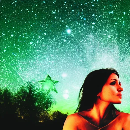 Prompt: Woman with stars for her eyes stars on glowing green background of the night sky