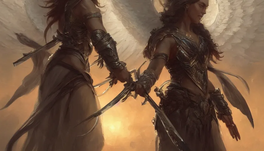 Prompt: A beautiful detailed painting of a female angel warrior reigns on a magical foresby greg rutkowski and Kalin Popov , Trending on artstation HD.