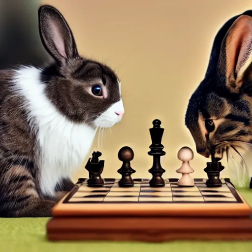 Image similar to A cat playing chess with a bunny rabbit. Symmetrical.