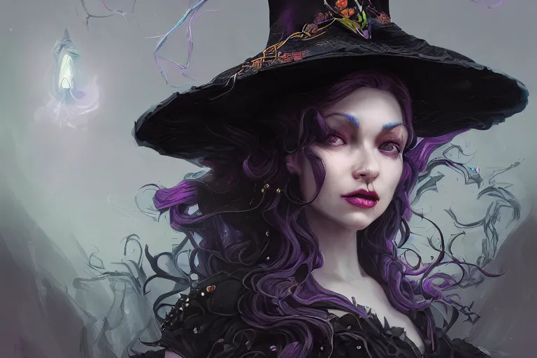 Prompt: an insanely detailed close up portrait of a beautiful witch, long purple hair, black ornate dress and black witch hat, in the style of peter mohrbacher, artgerm, dramatic lighting and composition, alchemy lab background, octane render, trending on artstation, concept art 8 k