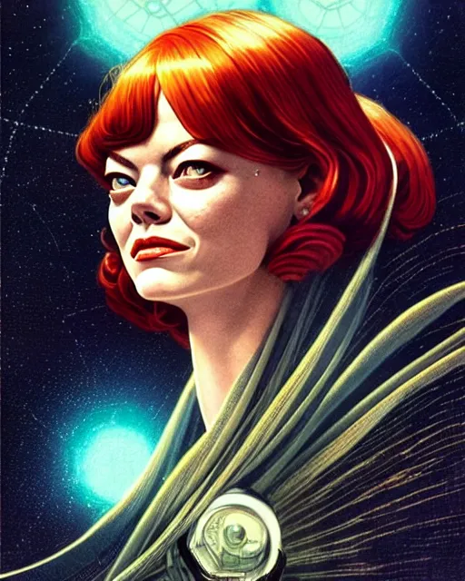 Image similar to emma stone, character portrait, portrait, close up, concept art, intricate details, highly detailed, vintage sci - fi poster, retro future, vintage sci - fi art, in the style of chris foss, rodger dean, moebius, michael whelan, and gustave dore