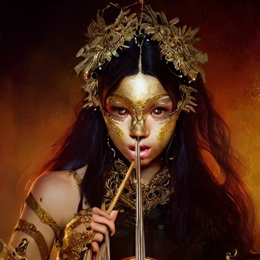 Image similar to the portrait, masked female violinist, exotic costumes, gold jewelry, black hair ， illustration by wenjun lin, irakli nadar, bright colors, octopath traveler, wenjun lin, unreal engine 5 highly rendered, global illumination, radiant light, detailed and intricate environment