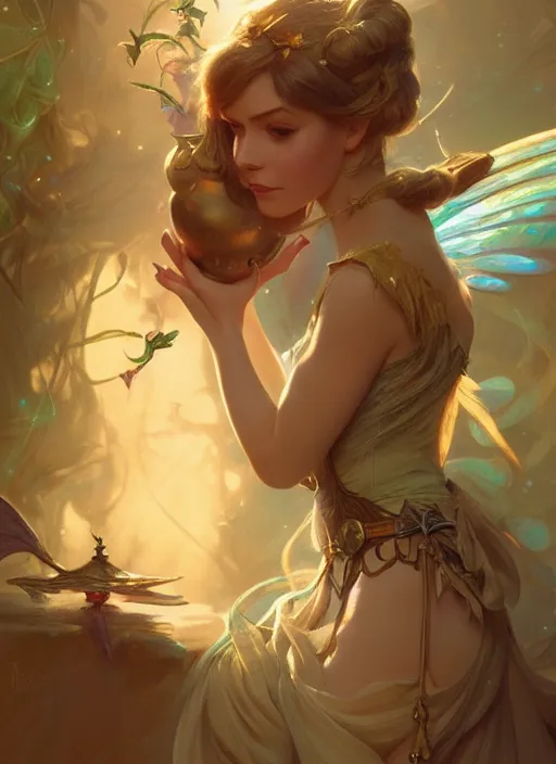 Image similar to tinker bell, d & d, fantasy, intricate, elegant, highly detailed, digital painting, artstation, concept art, matte, sharp focus, illustration, hearthstone, art by artgerm and greg rutkowski and alphonse mucha