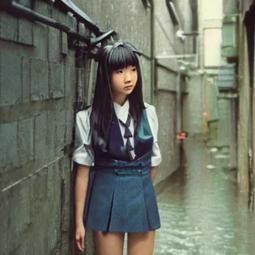 Image similar to 1990s perfect 8K HD professional cinematic photo of close-up japanese schoolgirl posing in sci-fi dystopian alleyway at morning during rain, at instagram, Behance, Adobe Lightroom, with instagram filters, depth of field, taken with polaroid kodak portra