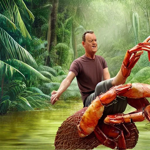 Image similar to Tom Hanks as forrest gump riding a giant shrimp in the jungle, realistic digital painting, photoreailstic, realistic face, amazing detail, sharp