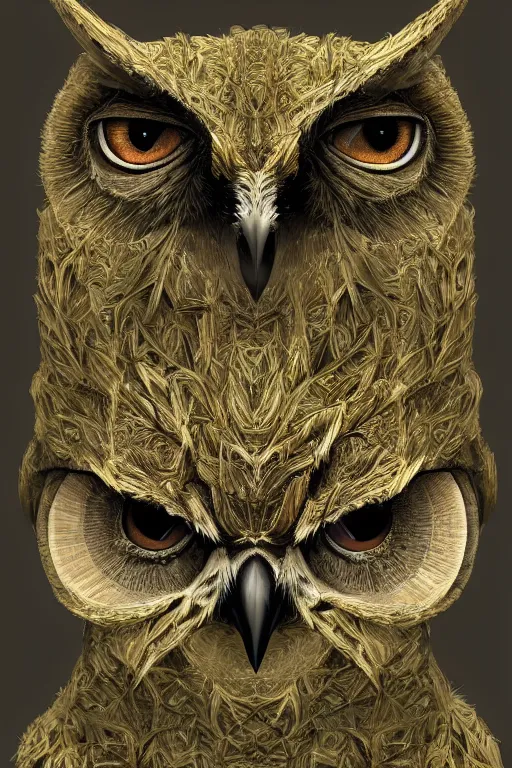 Prompt: humanoid figure owl faced monster, symmetrical, highly detailed, digital art, sharp focus, amber eyes, moss, trending on art station