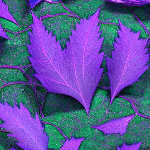 Image similar to a purple and blue sterlizia with lots of leaves, a computer rendering by jonathan zawada, pelton, featured on polycount, computer art, rendered in cinema 4 d, octane render, rendered in maya