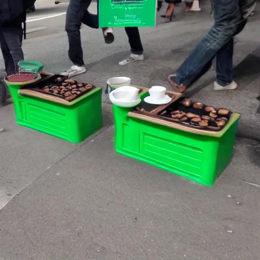 Image similar to snoofkin drinking coffee on green boxes in the street