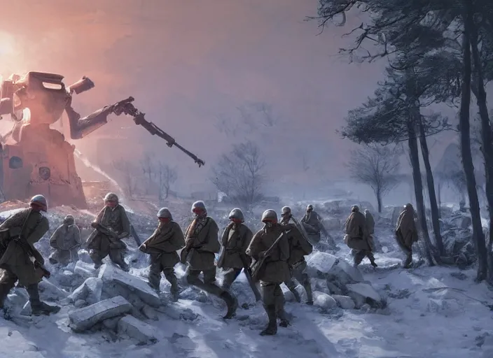 Image similar to soviet soldiers fighting against nazi monstrous robots in world war two eastern front setting, dieselpunk, winter concept art, artstation, stephen bliss, unreal engine, art by greg rutkowski, pixar, global illumination, radiant light, detailed and intricate environment