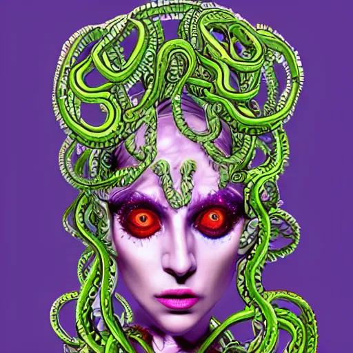 Prompt: an extremely psychedelic portrait of medusa as lady gaga, surreal, lsd, face, detailed, intricate, elegant, lithe, highly detailed, digital painting, artstation, concept art, smooth, sharp focus, illustration,