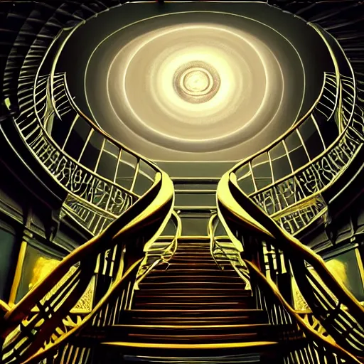 Image similar to big spiral stairways on old ship, inhabited on many levels, flying birds, shining light, strong perspective, clear geometry, architecture, glowing halo, fantasy, intricate, elegant, highly detailed, digital painting, artstation, concept art, smooth, sharp focus, art by anthony macbain + greg rutkowski + alphonse mucha, concept art, 4k, sharp focus, cinematic unreal engine