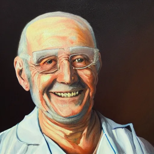 Prompt: a painting of a smiling old man with a medical appliance connected to his body