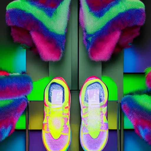 Prompt: poster nike shoe made of very fluffy colorful faux fur placed on reflective surface, professional advertising, overhead lighting, heavy detail, realistic by nate vanhook, mark miner