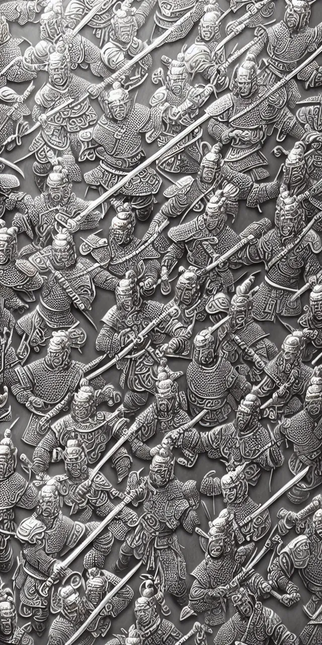 Image similar to detailed photorealistic ancient han chinese warriors soldiers army ⚔ 🪖 ⛩ with traditional chinese engravings and ornamentation on armour and weapons, and shining metallic 3 d surfaces, mandarin calligraphy, damask pattern, wide angle, 3 d