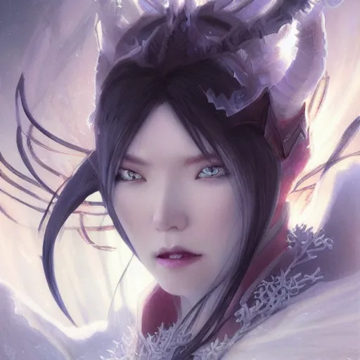 Image similar to Japanese ice demoness, D&D, highly detailed, digital painting, artstation, concept art, sharp focus, illustration, cinematic lighting, art by artgerm and greg rutkowski and alphonse mucha