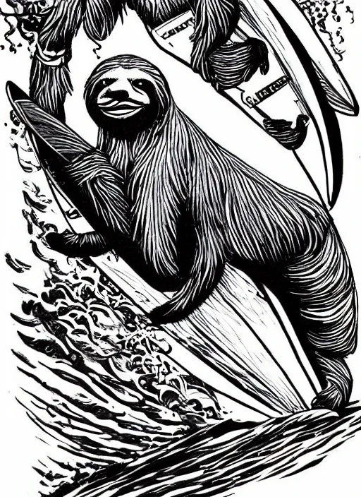 Image similar to beautiful cartoon professional drawing black ink of sloth riding surfboard