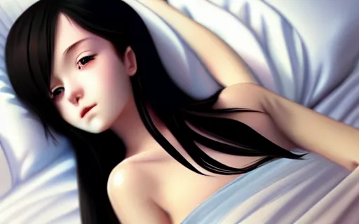 Image similar to little girl with long black hair dressed in a simple white dress laying down on an bed, anime art style, digital art by ilya kuvshinov, inspired by balthus, hd, 4 k, hyper detailed, rear view