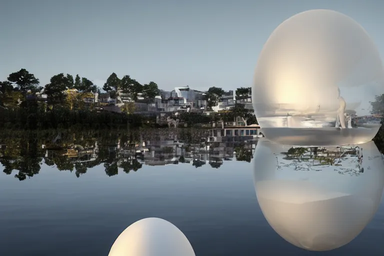 Image similar to white egg shaped bubble buildings of different sizes intersect and combine together. on the calm lake surface, people's perspective, future, interior wood, marble, award winning, highly detailed 4 k art, dusk, unreal engine highly rendered, global illumination, radial light, internal environment by kazuyo sejima