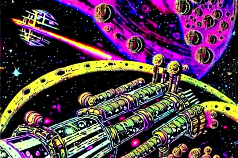 Prompt: philippe druillet, rotting space station drifting in psychedelic nebula, derelict tech, highly detailed