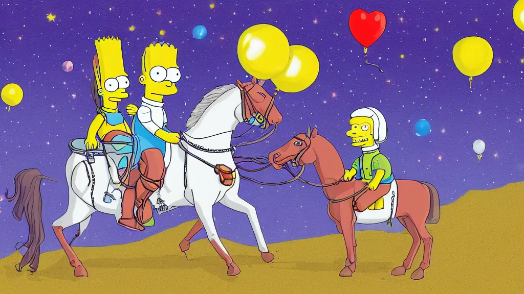 Prompt: a horse riding an astronaut, an horseis a balloon, art by simpsons