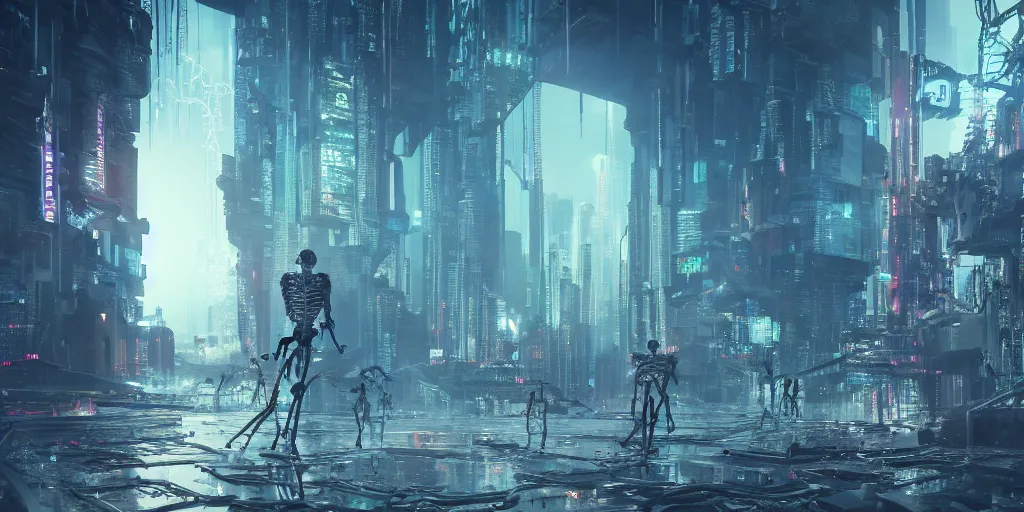 Image similar to Cyberpunk Skeleton, realistic 4k octane beautifully detailed render, 4k post-processing, highly detailed, intricate complexity, epic composition, magical atmosphere, cinematic lighting, masterpiece, ultra hd