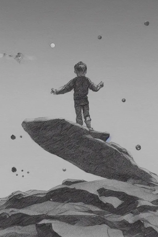Prompt: a boy standing on a piece of rock that is floating over an ocean on a distant planet, other planets with rings are barely visible, highly detailed sketch art