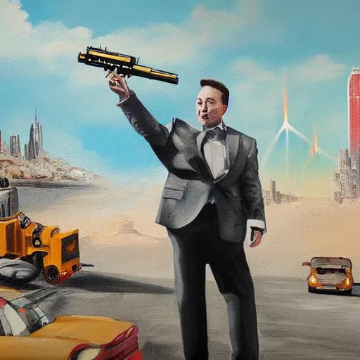 Image similar to a beautiful complex painting of a robot pointing a gun at elon musk the background is the street of new york