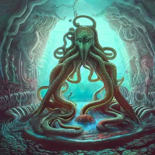 Image similar to dystopian fantasy undersea rock concert. On stage, the drummer is Cthulhu squid woman with tentacles playing a big rock&roll drum kit, by Philipp A. Urlich and Pengzhen Zhang an Andreas Rocha, fantasy, intricate, elegant, highly detailed, digital painting, artstation, blender, unreal engine 5, octane render, smooth, sharp focus, illustration